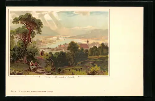 Lithographie Tölz, Sicht auf Tölz und Krankenheil