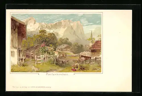 Lithographie Partenkirchen, Hütten mit Bergpanorama, Kirchturm