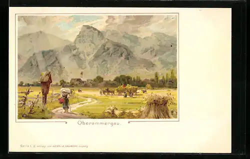 Lithographie Oberammergau, Alte Frau vor dem Wegkreuz