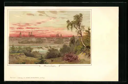 AK München, Die Stadt im Licht der aufgehenden Sonne