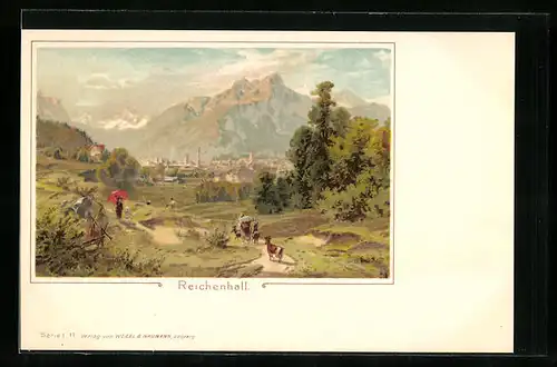 Lithographie Reichenhall, Wanderer auf dem Weg in die Stadt