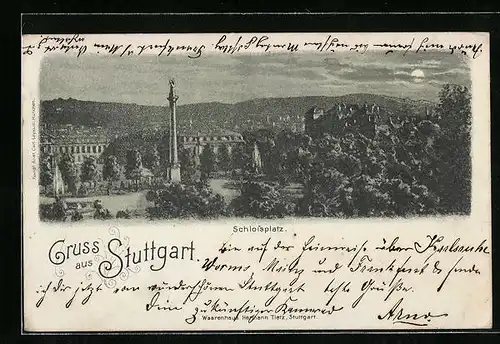 Mondschein-Lithographie Stuttgart, Der Schlossplatz aus der Vogelschau