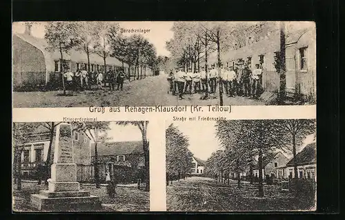 AK Rehagen-Klausdorf, Barackenlager, Kriegerdenkmal, Strasse mit Friedenseiche