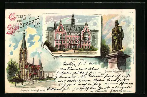 Lithographie Schöneberg, Apostel Pauluskirche, Rathaus, Denkmal Kaiser Wilhelm I.