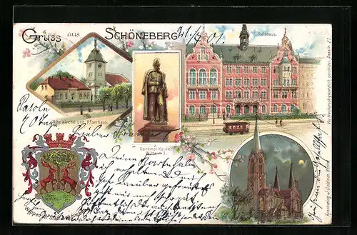 Lithographie Schöneberg, Alte Kirche und Pfarrhaus, Rathaus