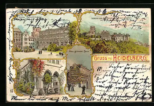 Lithographie Heidelberg, Schloss, Otto Heinrichsbau, Blumenhalle