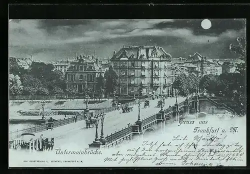Mondschein-AK Frankfurt /Main, Pferdekutschen auf der Untermainbrücke