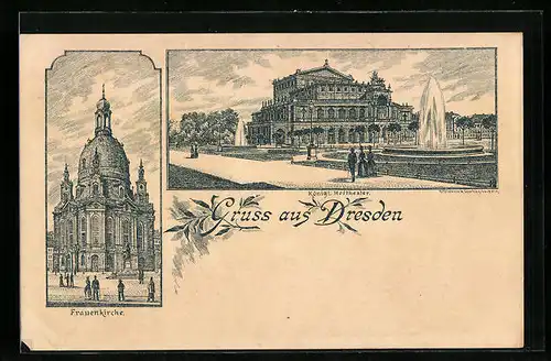Künstler-AK Dresden, Frauenkirche, Königl. Hoftheater