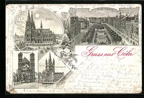 Lithographie Cöln, Kaiser Wilhelmring, Dom, St. Martin