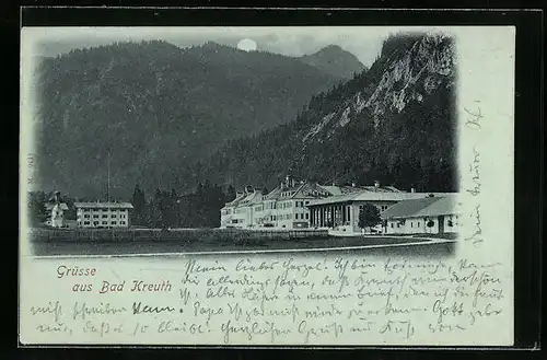 Mondschein-AK Bad Kreuth, Ortsansicht mit Bergpanorama