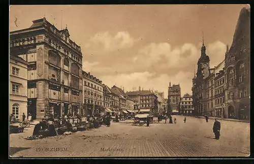 AK Pforzheim, Marktplatz mit Ständen