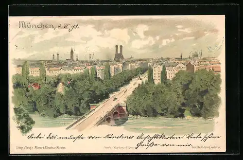 Lithographie München, Maximilianstrasse aus der Vogelschau