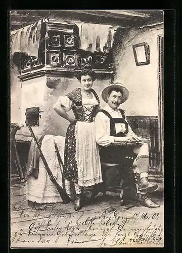Künstler-AK Charles Scolik: Mann mit Zither und Frau in Tracht