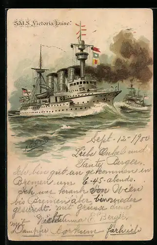 Präge-Künstler-AK Johann Georg Siehl-Freystett: Kriegsschiff S. M. S. Victoria Luise auf hoher See
