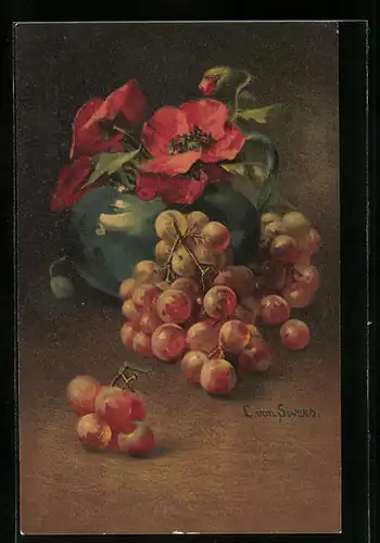Künstler-AK Clara von Sivers: Trauben vor einer Vase mit Mohnblumen