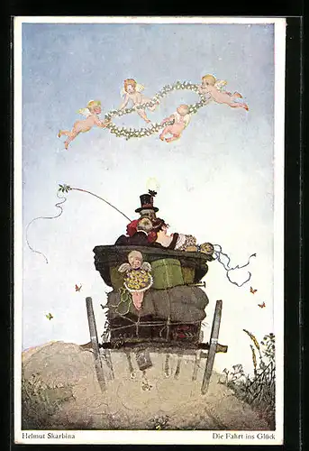 Künstler-AK Helmut Skarbina: Die Fahrt ins Glück, Rückansicht eines Paares in einer Kutsche, Amor
