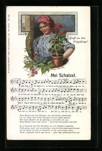 Künstler-AK Rudolf Schneider: Gruss aus dem Erzgebirge!, Frau mit Blumentopf, Mei Schatzel..., Lied mit Noten