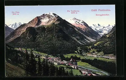 AK Pontresina, Teilansicht mit Roseggletscher, Piz Palu