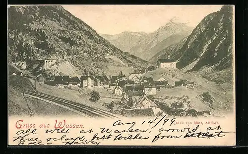 AK Wassen, Gesamtansicht mit Bahnschienen und Viadukt