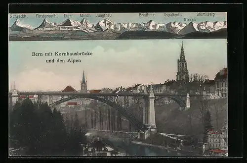 AK Bern, Teilansicht mit Kornhausbrücke und Alpen
