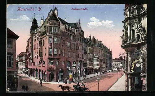 AK Karlsruhe, Litfasssäule in der Kaiserstrasse