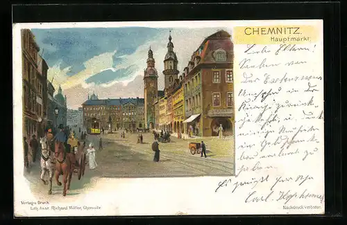 Lithographie Chemnitz, Reiter auf dem Hauptmarkt