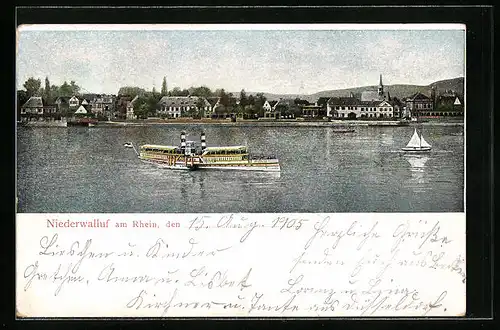 AK Niederwalluf a. Rhein, Flusspartie mit Dampfer und Blick auf den Ort