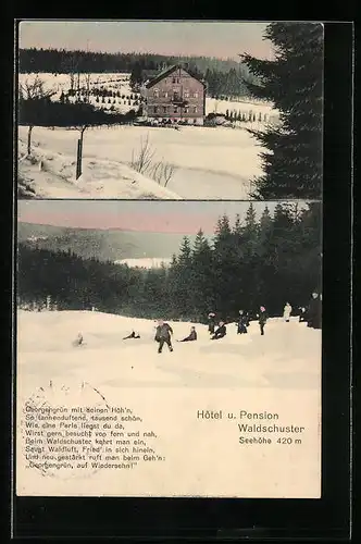 AK Georgengrün, Hotel-Pension Waldschuster und Touristen im Winter
