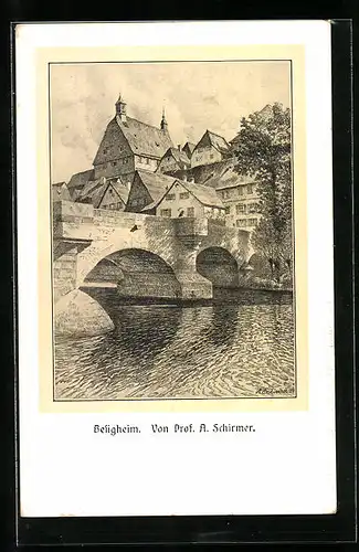 Künstler-AK Besigheim, Teilansicht mit Brücke
