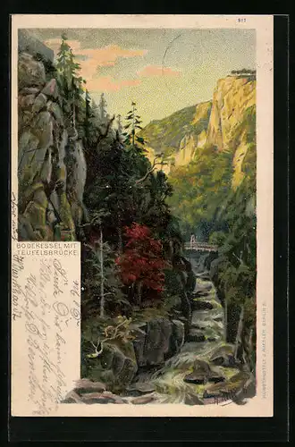 Lithographie Thale, Bodekessel mit Teufelsbrücke