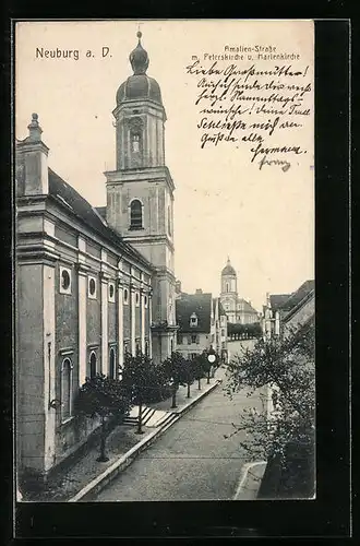 AK Neuburg a. D., Amalien-Strasse mit Peterskirche und Marienkirche