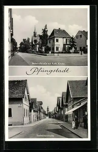 AK Pfungstadt, Bahnhofstrasse mit kath. Kirche, Partie in der Seeheimerstrasse