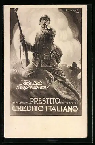Künstler-AK Mauzan: Prestito Credito Italiano, Italienisch Kriegsanleihe, Soldat in Uniform