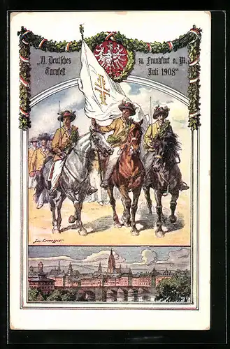 Künstler-AK Frankfurt / Main, XI. Deutsches Turnfest 1908, Sportler mit Flaggen auf Pferden, Stadtansicht