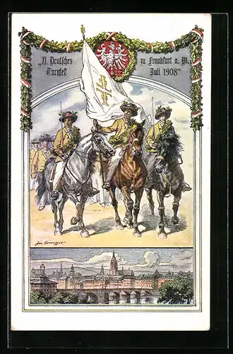 Künstler-AK Frankfurt / Main, XI. Deutsches Turnfest 1908, Turner mit Fahnen auf Pferden, Stadtansicht
