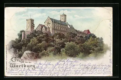 Lithographie Eisenach, Ansicht der Wartburg, Halt gegen das Licht: Nächtliche Fensterbeleuchtung