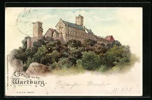 Lithographie Eisenach, Wartburg, Halt gegen das Licht: beleuchtete Fenster