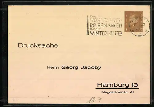 AK Hamburg, Georg Jacoby, Sammler von Werbe- und Gelegenheitsstempeln, Magdalenenstr. 41, Ganzsache