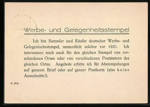 AK Hamburg, Georg Jacoby, Sammler von Werbe- und Gelegenheitsstempeln, Heimhuderstr. 6, Ganzsache