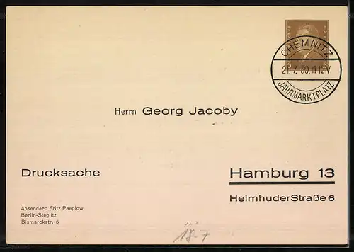 AK Hamburg, Georg Jacoby, Sammler von Werbe- und Gelegenheitsstempeln, Heimhuderstr. 6, Ganzsache