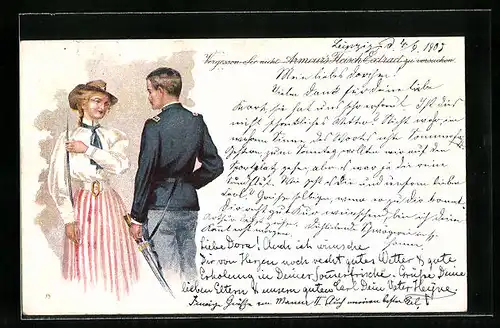 Lithographie Reklame für Amours Fleischextract - Liebespaar im Gespräch