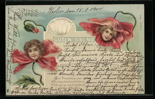 Lithographie Kindergesichter in Mohnblüten wünschen Guten Abend