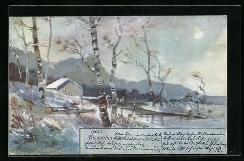 AK December, Winterlandschaft mit Haus