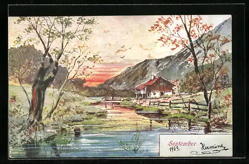 AK September, Herbstlandschaft mit Haus