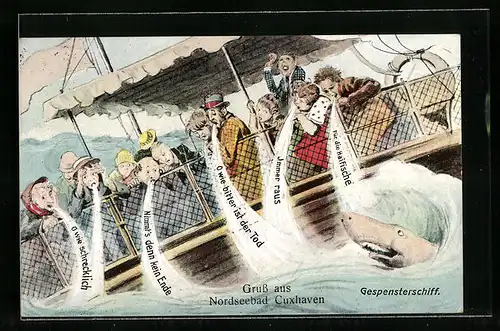 AK Cuxhaven, Passagiere an Deck übergeben sich auf Gespensterschiff