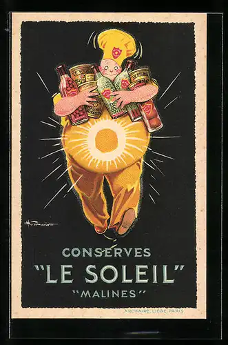 Künstler-AK Konserven Le Soleil, Malines, Koch mit Dosen, Reklame