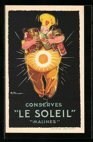 Künstler-AK Konserven Le Soleil, Malines, Koch mit Konserven, Reklame