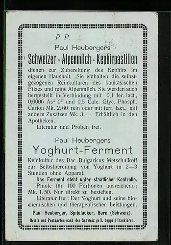 AK Paul Heubergers Schweizer Alpenmilch-Kephirpastillen und Youghurt-Ferment, Reklame