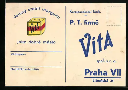 AK Praha, P. T. firme Vita spol. sr. o., Reklame für Margarine
