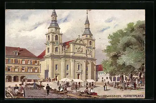 Künstler-AK Ludwigsburg, Passanten auf dem Marktplatz vor der Kirche